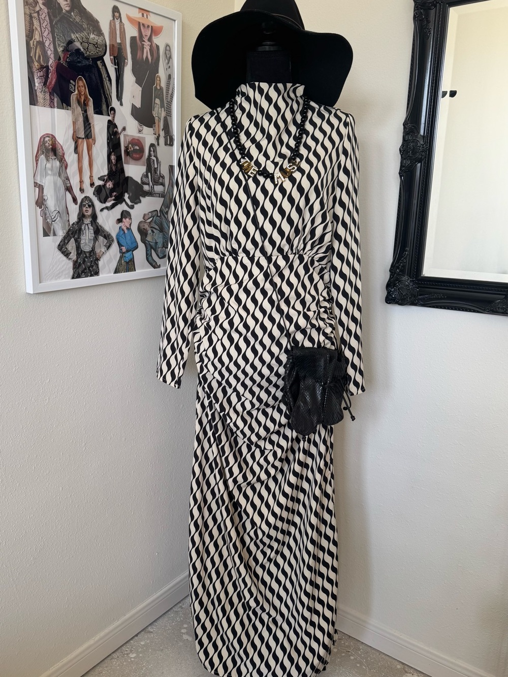 Black and Ivory Geometric Long Sleeve Maxi Dress
